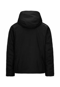 Giacca nera con cappuccio, caratterizzata da una texture liscia, presentando un design minimalista e una vestibilità leggermente ampia. Marchio evidente sulla parte superiore della schiena.