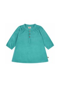 Abito lungo a maniche lunghe color teal con scollatura rotonda, dettagli con bottoni e tessuto arricciato sulle spalle. Presenta un orlo curvo e una texture morbida.