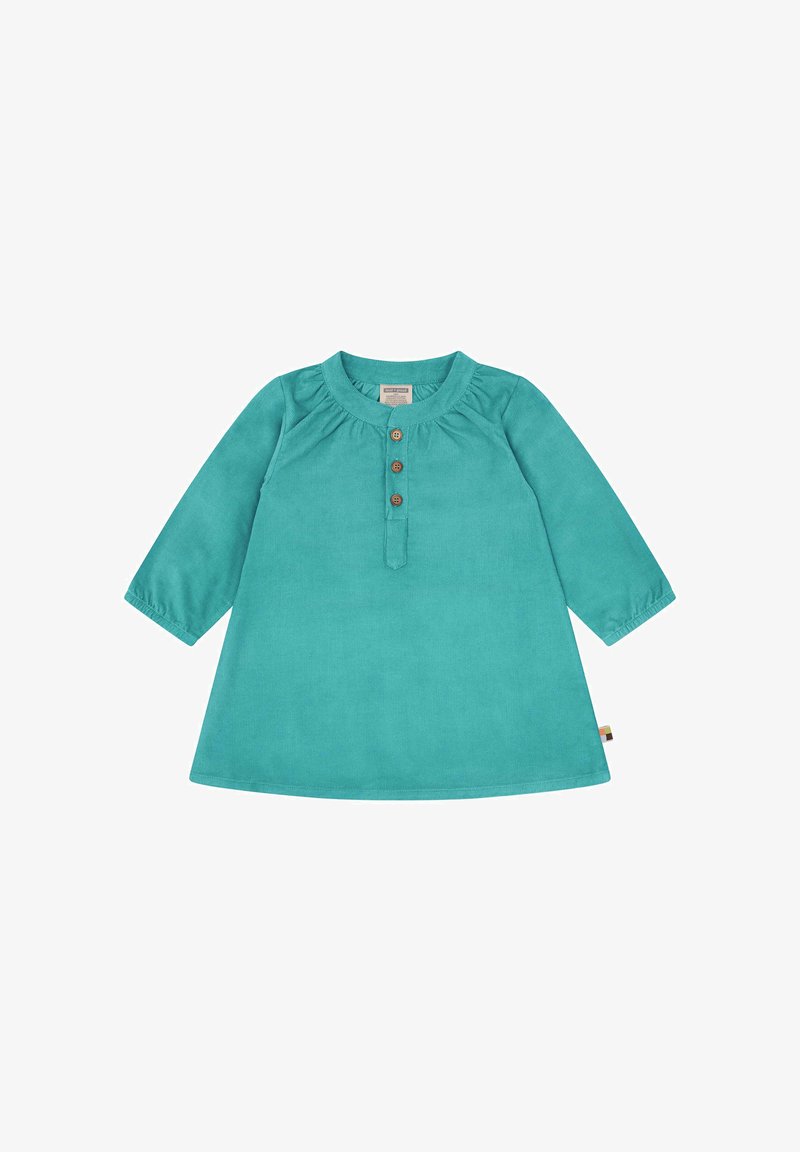 Türkises Langarmkleid mit Rundhalsausschnitt, Knopfdetails und gerafftem Stoff an den Schultern. Hat einen geschwungenen Saum und eine weiche Textur.