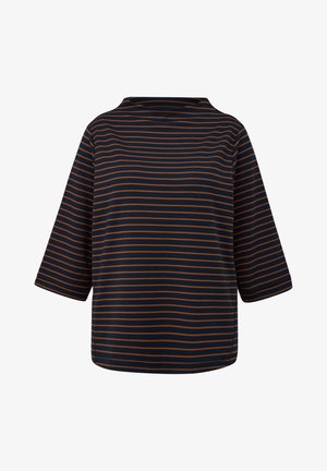 Haut à manches courtes rayé bleu marine et rouille, coupe décontractée avec un col arrondi, confectionné dans un tissu doux en mélange de coton.