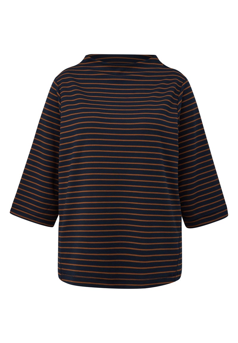 Top a maniche corte a righe blu navy e ruggine con vestibilità rilassata e scollo arrotondato, realizzato in morbido tessuto misto cotone.