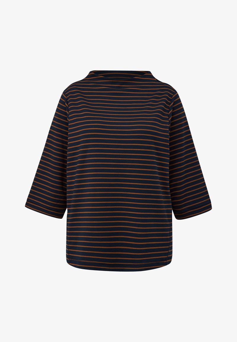 Top a maniche corte a righe blu navy e ruggine con vestibilità rilassata e scollo arrotondato, realizzato in morbido tessuto misto cotone.