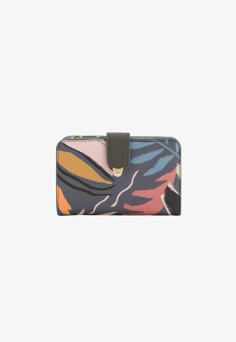 Multicolored leather wallet featuring abstract leaf patterns, a dark gray snap closure, and a smooth texture with a structured shape.