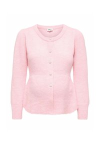 Różowy kardigan wykonany z miękkiego materiału, z długimi rękawami, zaokrąglonym dekoltem i sześcioma guzikami z ozdobnymi akcentami.