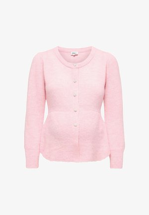 Różowy kardigan wykonany z miękkiego materiału, z długimi rękawami, zaokrąglonym dekoltem i sześcioma guzikami z ozdobnymi akcentami.