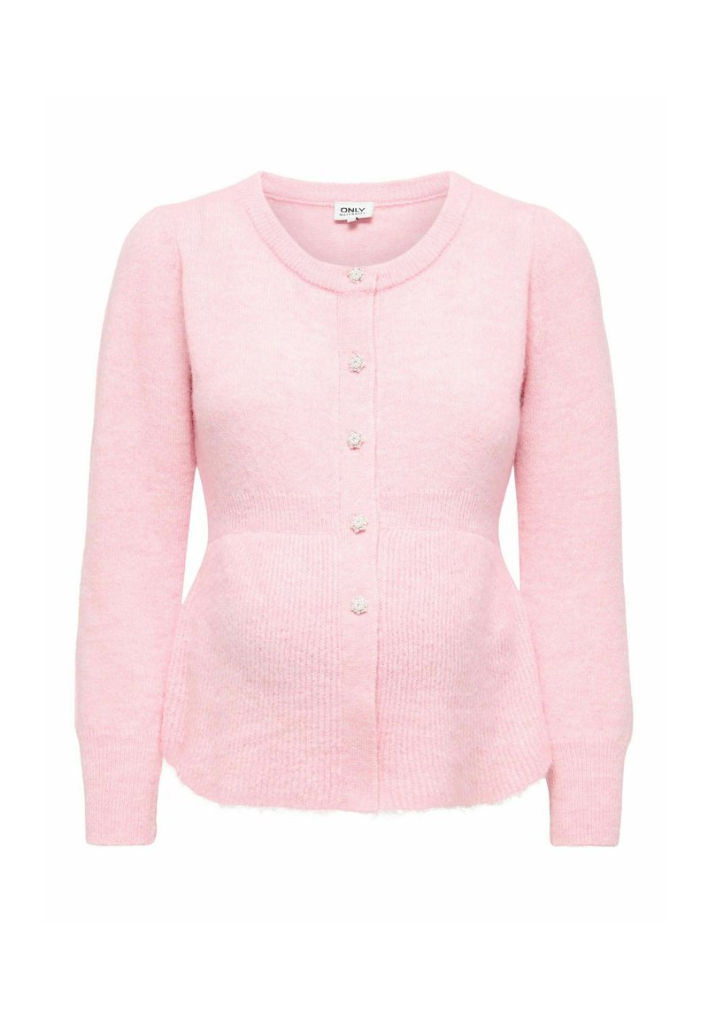 Różowy kardigan wykonany z miękkiego materiału, z długimi rękawami, zaokrąglonym dekoltem i sześcioma guzikami z ozdobnymi akcentami.