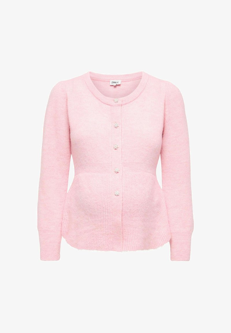 Różowy kardigan wykonany z miękkiego materiału, z długimi rękawami, zaokrąglonym dekoltem i sześcioma guzikami z ozdobnymi akcentami.