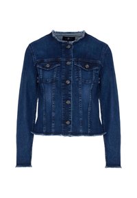 Denimjakke i mørkeblå med frayed krave og kant, med seks knapper, to brystlommer og en struktureret pasform.