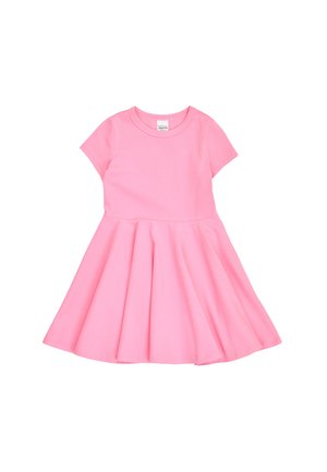 Robe rose à manches courtes avec corsage ajusté et jupe évasée, encolure ronde, conçue pour les filles.