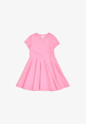 Roze jurk met korte mouwen, getailleerd lijfje en uitlopende rok, ronde halslijn, ontworpen voor meisjes.