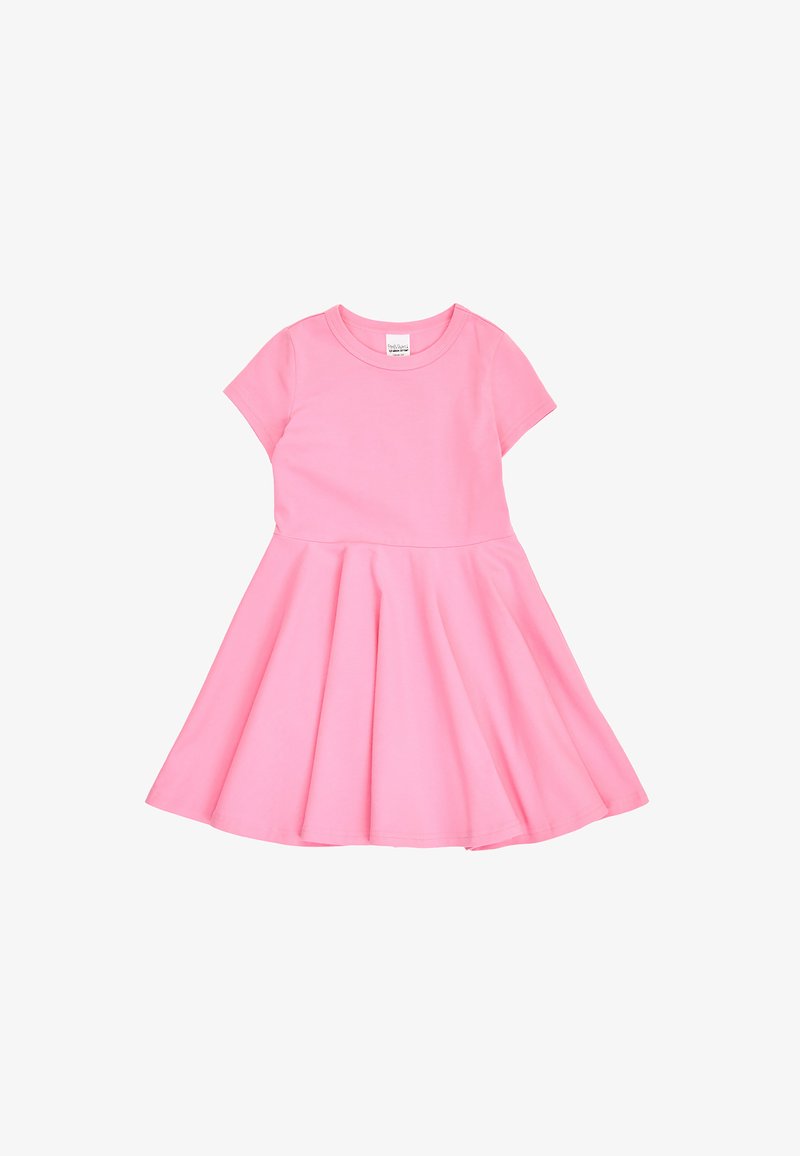 Robe rose à manches courtes avec corsage ajusté et jupe évasée, encolure ronde, conçue pour les filles.