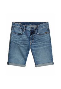 Shorts en denim bleu clair avec des revers, cinq poches, des coutures contrastantes et une fermeture à bouton. Texture lisse avec une finition délavée.