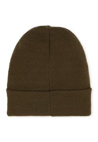 Berretto a maglia verde oliva con texture a coste, caratterizzato da un risvolto nella parte inferiore. Design semplice, senza motivi o accenti visibili.