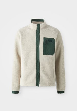 Fleeceová bunda v off-white barvě s předním uzavíráním na zelené druky, zelenou náprsní kapsou a ribovanými manžetami. Obsahuje vysoký límec a texturovanou tkaninu.