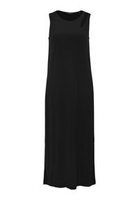 Zwarte mouwloze maxi-jurk van zachte stof, met een ronde halslijn en een zijsplit voor bewegingsgemak. Eenvoudig, ontspannend ontwerp.