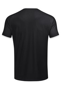 T-shirt de sport noir à manches courtes en tissu texturé, présentant un liseré blanc au col et aux manches. Design simple et droit.