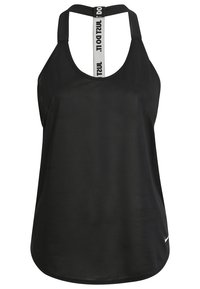 Mustan värinen urheilullinen tanktoppi, joka on valmistettu sileästä kankaasta. Siinä on urheilullinen selkäosa, jossa on valkoinen brändinauha ja pieni logo oikeassa alareunassa.