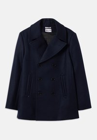 Námornícky vlnený peacoat s dvojradovým zapínaním, veľkými klopami, čiernymi gombíkmi a bočnými vreckami. Hladká textúra s klasickým siluetom.