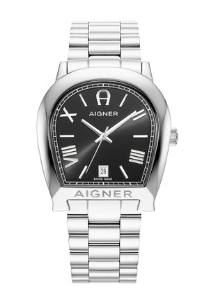 Silver stainless steel watch with a black dial, Roman numeral and index hour markers, date display, and a distinctive rounded shape.