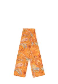 Écharpe orange avec un motif paisley dans différentes couleurs, présentant des lignes fluides et des accents floraux. Fabriquée en tissu léger et texturé.