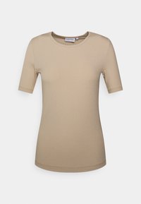 T-shirt beige a maniche corte a coste con scollatura rotonda. Realizzato in tessuto morbido, presenta una forma aderente e dettagli di cucitura sottili.