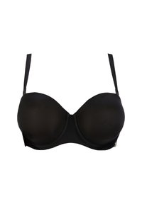 Reggiseno imbottito nero con finitura liscia e opaca, spalline regolabili e coppe modellate con supporto a stecche. Design semplice con accenti minimi.
