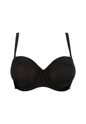Zwarte gep Padding bh met een gladde, matte afwerking, verstelbare banden en gevormde cups met ondersteuning van onderdraden. Eenvoudig ontwerp met minimale accenten.