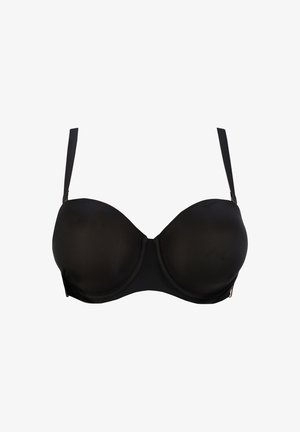 Zwarte gep Padding bh met een gladde, matte afwerking, verstelbare banden en gevormde cups met ondersteuning van onderdraden. Eenvoudig ontwerp met minimale accenten.