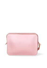 Borsa cosmetica rosa elegante con chiusura a zip e accessori in oro, progettata per riporre trucchi o oggetti personali. Superficie liscia e texturizzata.
