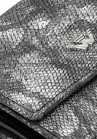 Portafoglio argentato metallico con una finitura testurizzata che ricorda la pelle di serpente. Presenta un accento con logo argentato e un design piegato.