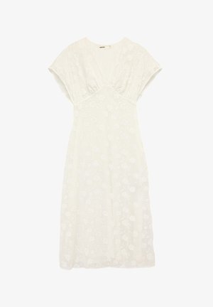 Witte jurk tot op de knie met kapmouwtjes en subtiele bloemrijke borduursels, voorzien van een V-hals en een getailleerde taille.