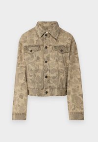 Afskåret denimjakke i beige med camouflage-mønster, der har to brystlommer, knaplukning og spidse krave.