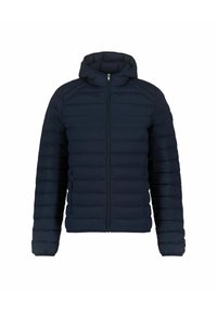 Marineblauwe gewatteerde jas met een capuchon, voorzien van een horizontaal gestikt ontwerp, een volledige voorrits en elastische manchetten voor een goede pasvorm.