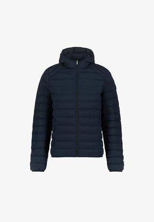 Veste rembourrée bleu marine avec capuche, présentant un design matelassé horizontal, un zip frontal intégral et des poignets élastiques pour un ajustement confortable.