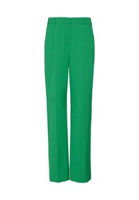 Pantalons tailleurs verts avec une coupe droite, fabriqués dans un tissu lisse. Comprend des passants de ceinture et une partie avant propre sans poches visibles.