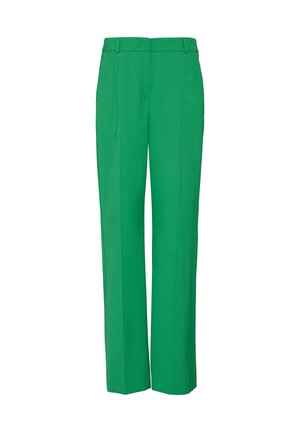 Green tailored trousers with a straight leg design, made from smooth fabric. Features belt loops and a clean front with no visible pockets.