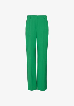Green tailored trousers with a straight leg design, made from smooth fabric. Features belt loops and a clean front with no visible pockets.
