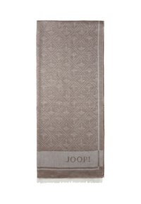 Écharpe beige clair à motifs floraux, avec le nom de la marque "JOOP!" tissé sur le bord, présentant des extrémités à franges.