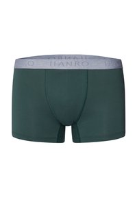 Mörkgröna bomullsboxer med en grå midjeband som har "HANRO"-logotypen. Slät textur och konturerad passform med sömdetaljer.