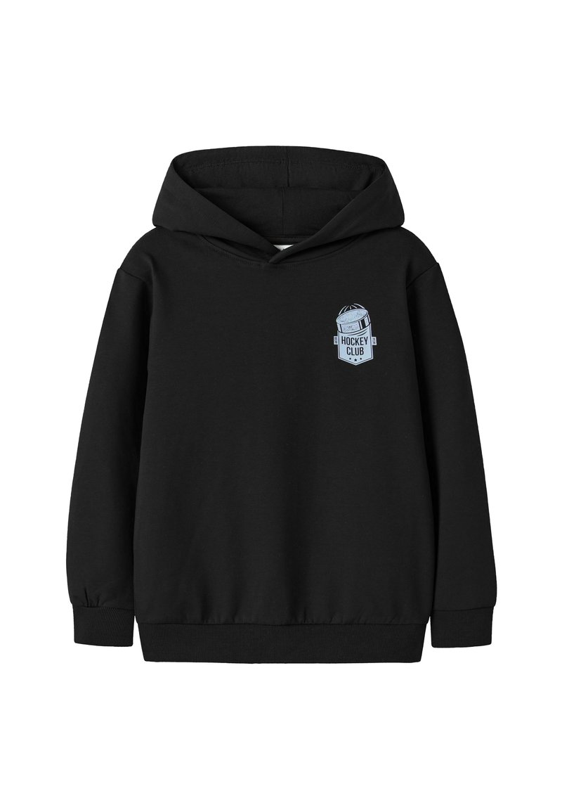 Sudadera negra hecha de una mezcla de algodón; cuenta con un bolsillo frontal, puños de canalé y un logo impreso de "Hockey Club" en el pecho.