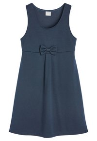 Navyblaue ärmellose Kleid aus weichem Material mit einer Schleifendetail an der Taille und einem schlichten, ausgestellten Design. Keine Muster oder Verzierungen.