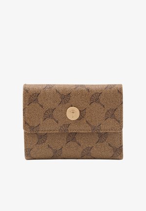 Brown textured wallet with a floral pattern, featuring a gold logo snap closure and rounded corners. Compact design for easy carrying.
