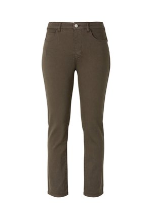Olivgrüne Baumwollhose mit geradem Schnitt, fünf Taschen, Reißverschluss und einem Knopfverschluss. Glatte Textur, schlichtes Design.