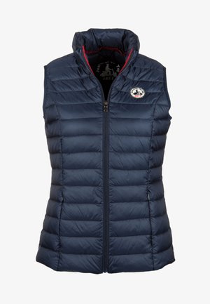 Chaleco acolchado azul marino con cuello alto, cierre de cremallera y diseño de acolchado horizontal. Cuenta con un parche de logo en el lado izquierdo del pecho.
