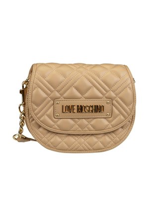 Beige quilted crossbody bag with a gold-tone "LOVE MOSCHINO" plaque. Features a rounded shape, chain strap, and smooth leather texture.
