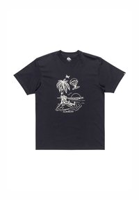 Black cotton t-shirt featuring a white graphic design with a palm tree, parasail, and sunset over water. "Quiksilver" printed at the bottom.