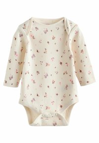 Body neonato a maniche lunghe crema a coste con una piccola stampa floreale rosa, viola e marrone e tre bottoni a pressione sul fondo.