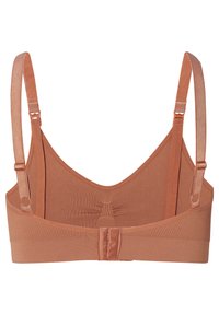 Bralette aus weichem, strukturierter, verbrannt-orangefarbenem Stoff. Verfügt über verstellbare Träger und einen Hakenverschluss auf der Rückseite mit einem nahtlosen Design.