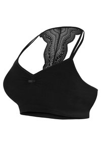Zwarte bralette met een V-halsontwerp, voorzien van een kanten achterpaneel en dunne verstelbare schouderbandjes. Zachte, gladde stof met geplooide details.
