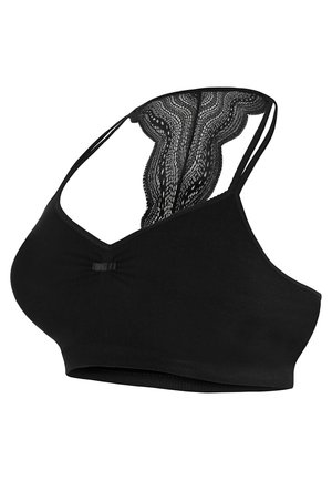 Schwarzer Bralette mit V-Ausschnitt-Design, ausgestattet mit einem Spitzenrückenbereich und dünnen, verstellbaren Trägern. Weicher, glatter Stoff mit gerafftem Detail.